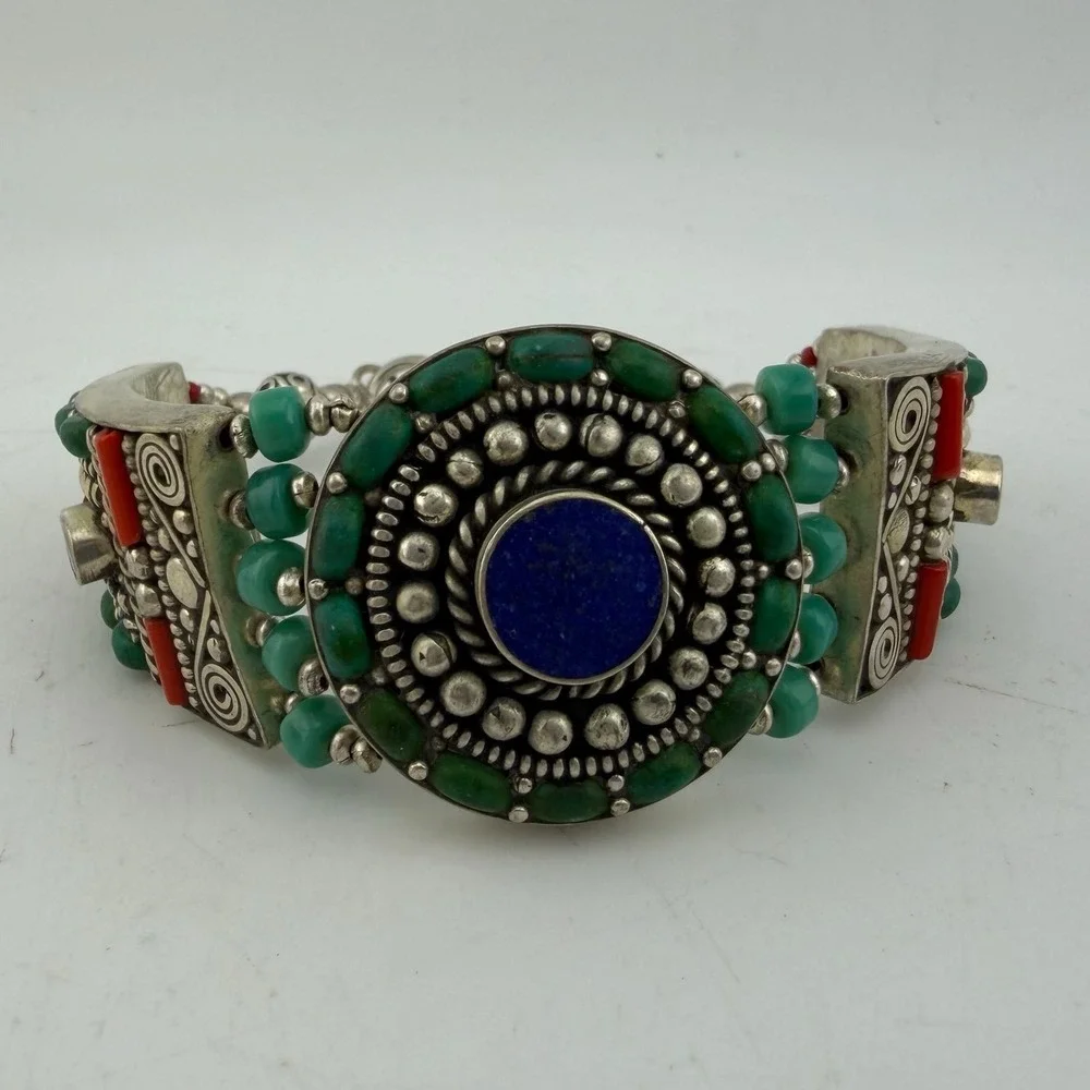 Tibetan Lapis Southwestern Boho Turquoise Coral Inlay Cuff Bracelet
